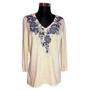 Judith Hart Vintage Silk Blend Embellished Floral V-Neck Pullover Sweater Size M